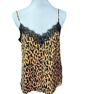 bp Camisole Top Leopard Print Brown Black Lace Fringe Spaghetti Straps XS